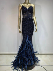 Mesh Sequins Blue Feather Long Dress Mssaz Desses