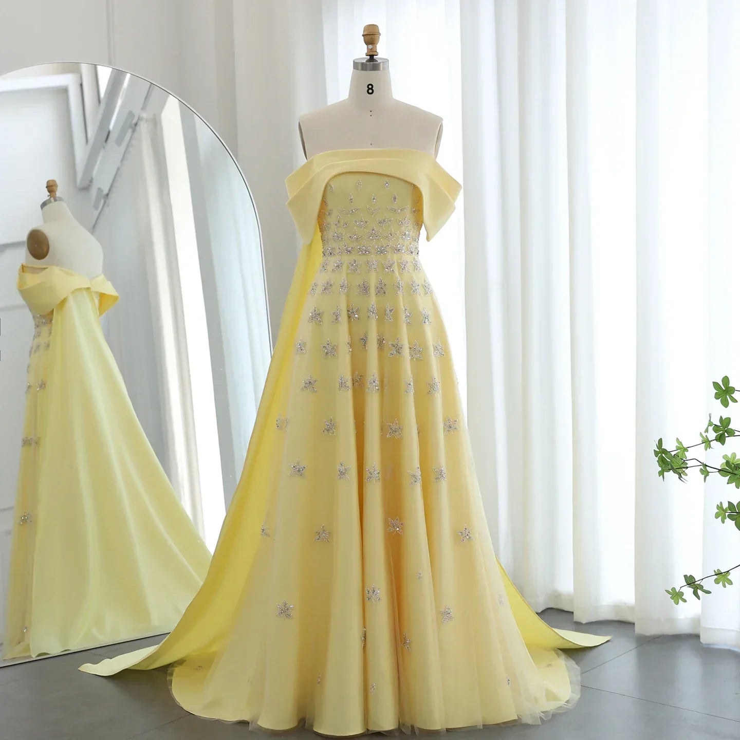Yellow Satin Evening Gown with Cape Mssaz Desses