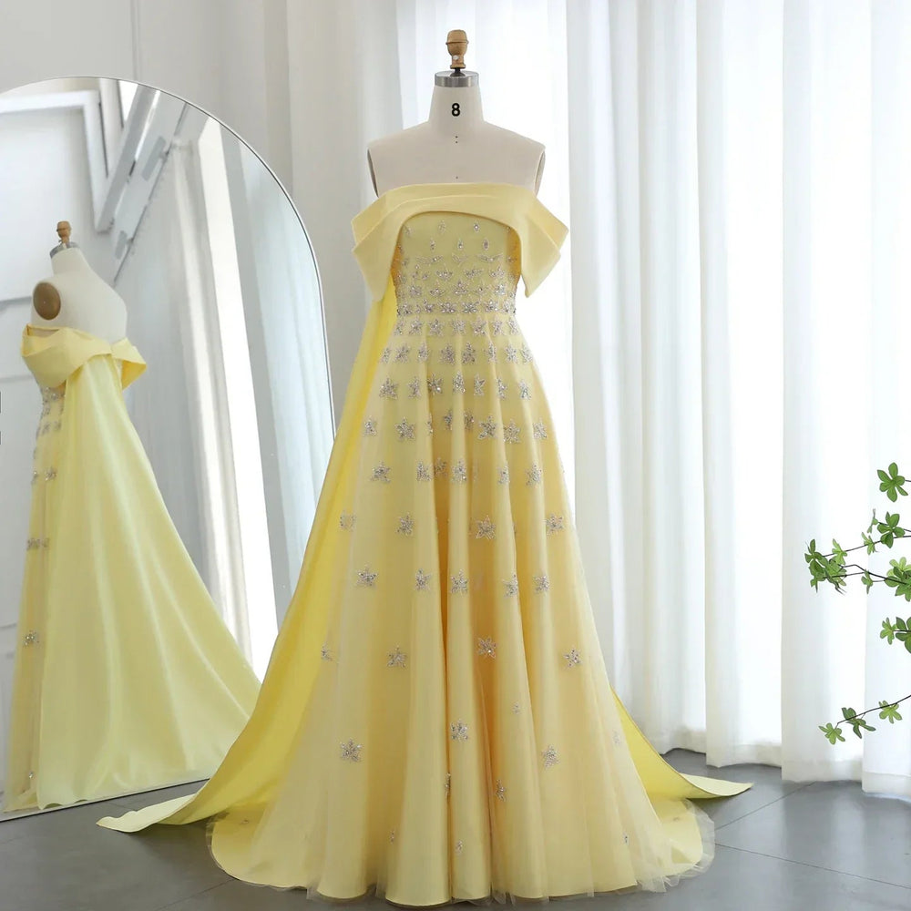 Yellow Satin Evening Gown with Cape Mssaz Desses