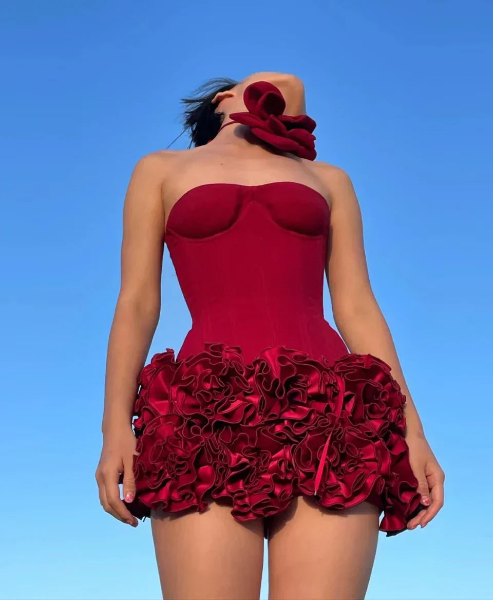 Red Flower Strapless Luxury Party Dress Mssaz Desses