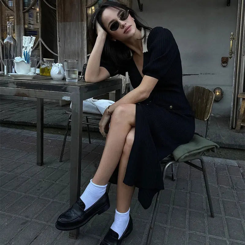 Ribbed Contrast Collar Short Sleeve Buttoned Midi Dress Mssaz Desses