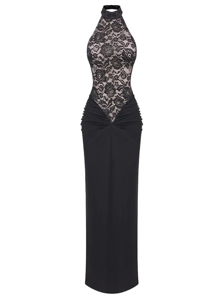Halter Neck Lace Patchwork Black Maxi Dress Mssaz Desses
