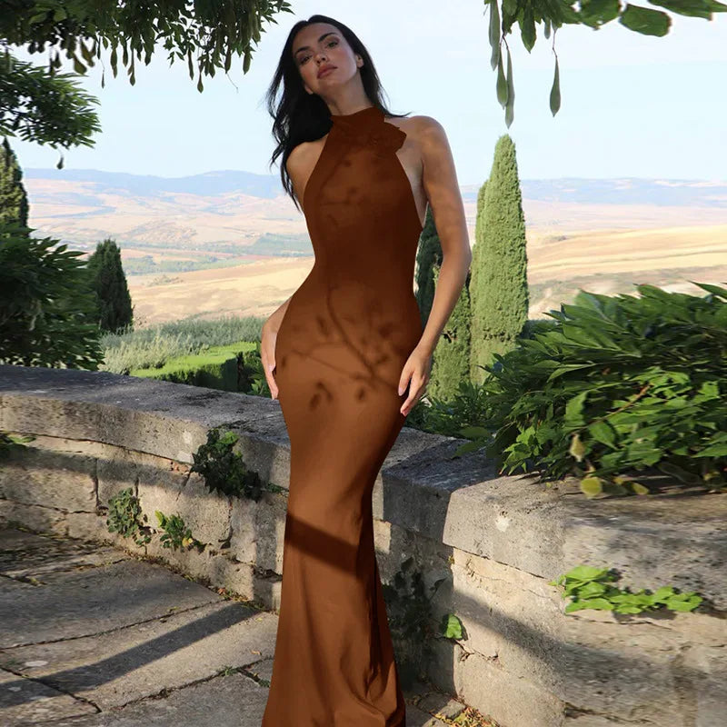 Halter Flower Backless Maxi Dress Mssaz Desses