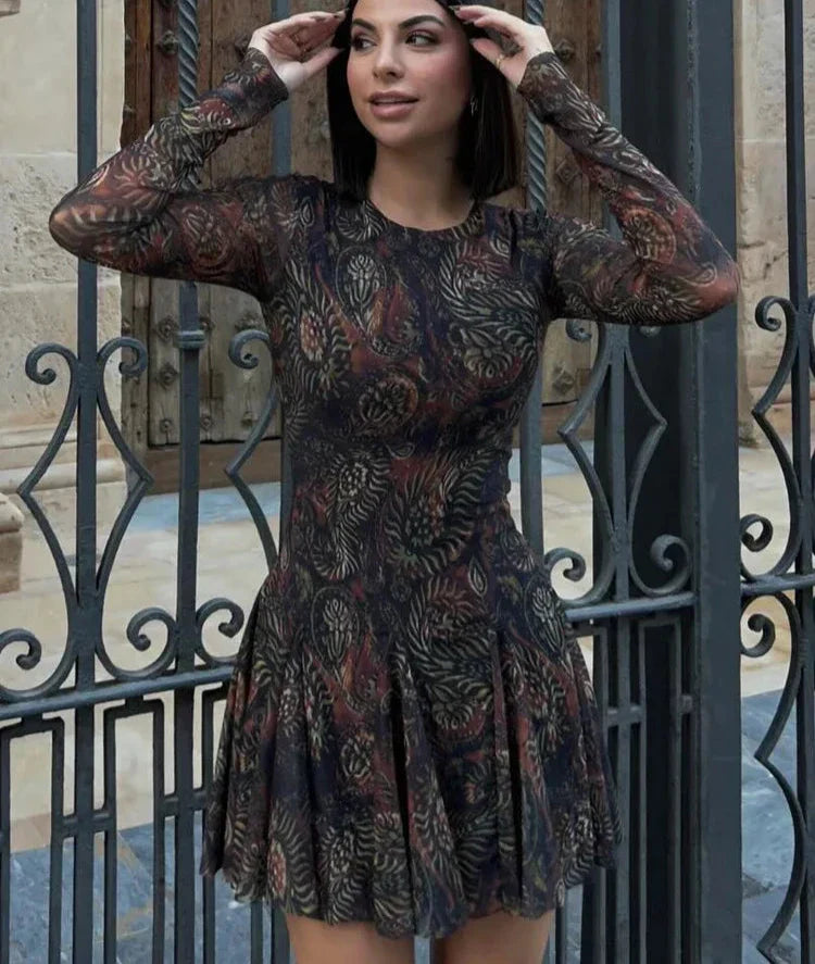 Pleated Long Sleeves Tulle Mini Dress Mssaz Desses