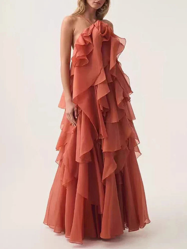 Halter 3D Flower Flounce Irregular Loose Maxi Dress Mssaz Desses