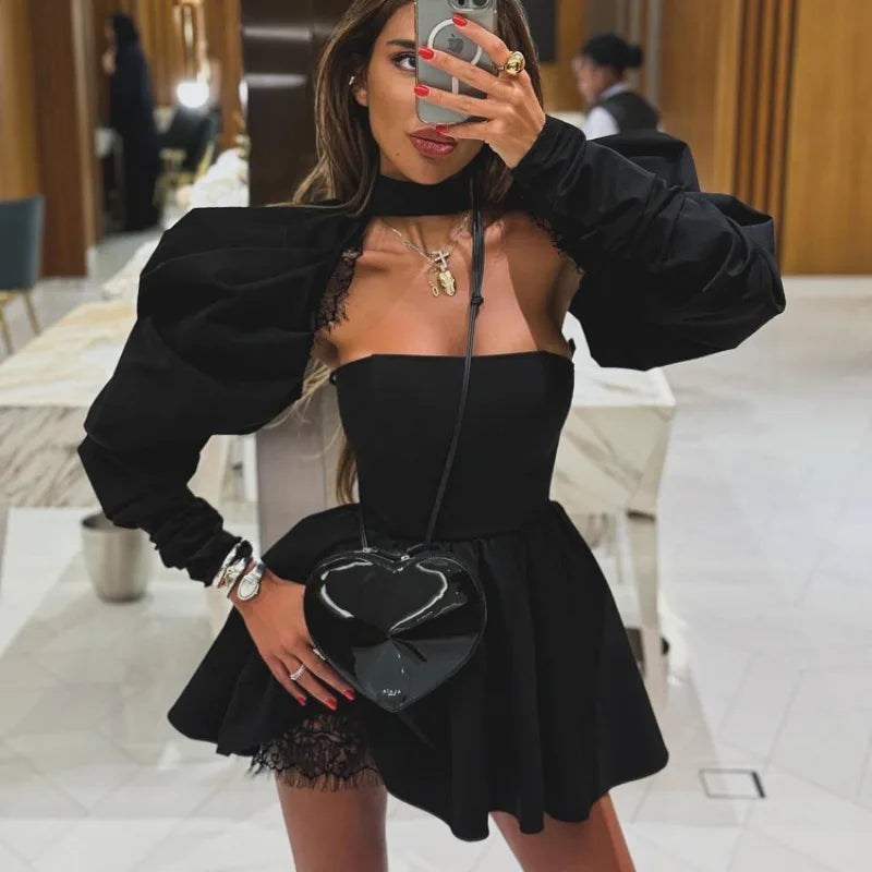 Puff Long-sleeved Black Mini Dress Mssaz Desses