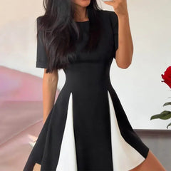 Contrast Patchwork Short Sleeve Mini Dress Mssaz Desses