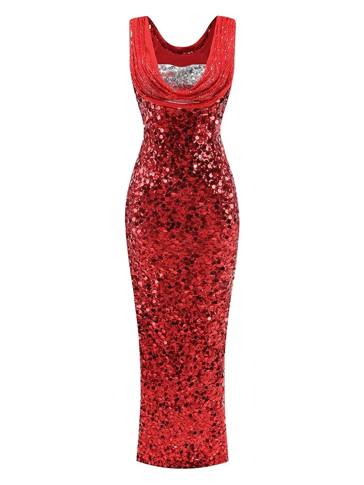 Swinging Neck Sequins Red Long Dress Mssaz Desses