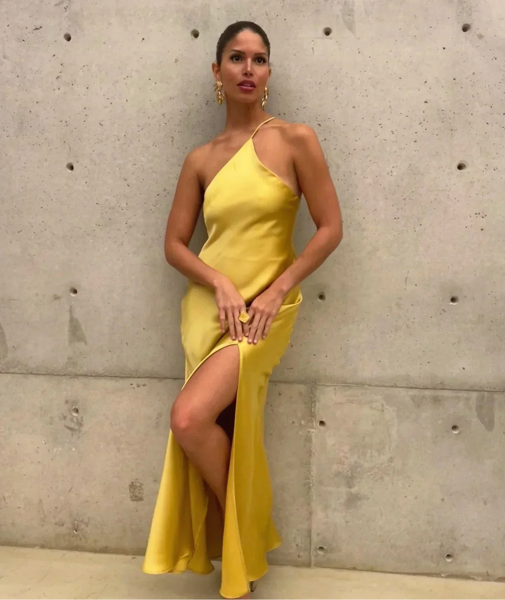 Backless Satin Slant Shoulder Solid Slit Long Dress Mssaz Desses