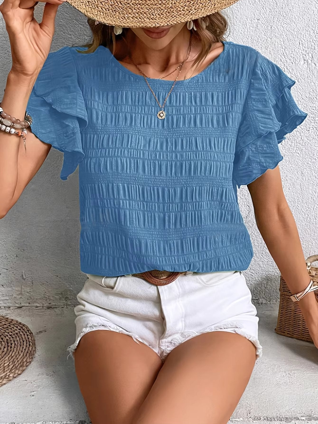 Vintage Butterfly Sleeve O Neck  Casual Elegant Solid Shirt Mssza