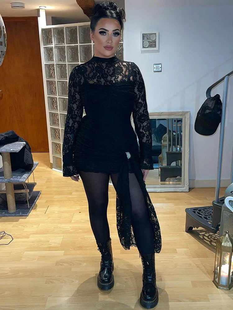 Lace Black Long Sleeve Print Floral Dress Mssaz Desses