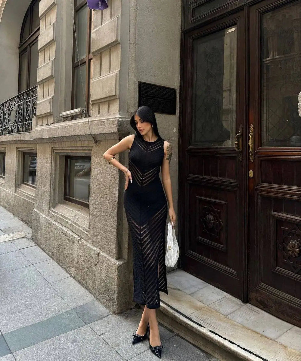 Sleeveless Patchwork Knit Maxi Dresses Mssaz Desses
