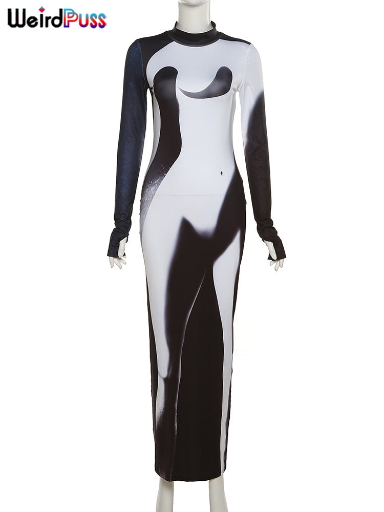 Weird Puss Gradient Maxi Dress Skinny Stretchy Long Sleeve O-Neck Trend Bodycon Mssaz Desses