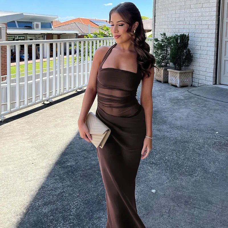 Mesh Patchwork Backless Halter Bodycon Gown Mssaz Desses