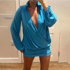 Plunge Long Sleeve Solid Color Mini Dress Mssaz Desses