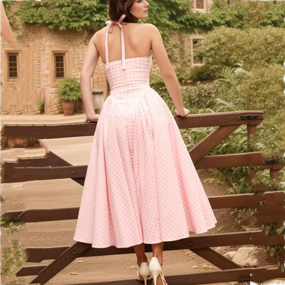 Pink White Plaid Bow Halter V Collar Midi Dress Mssaz Desses