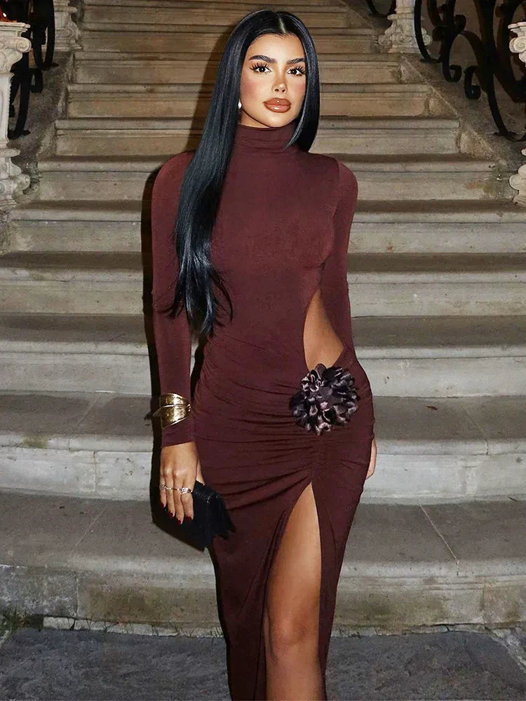 Turtleneck Hollow Out Thigh High Split Dress Mssaz Desses
