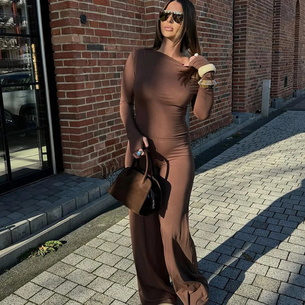 One Shoulder Flare Sleeve Top Long Pant Suit Mssaz Desses