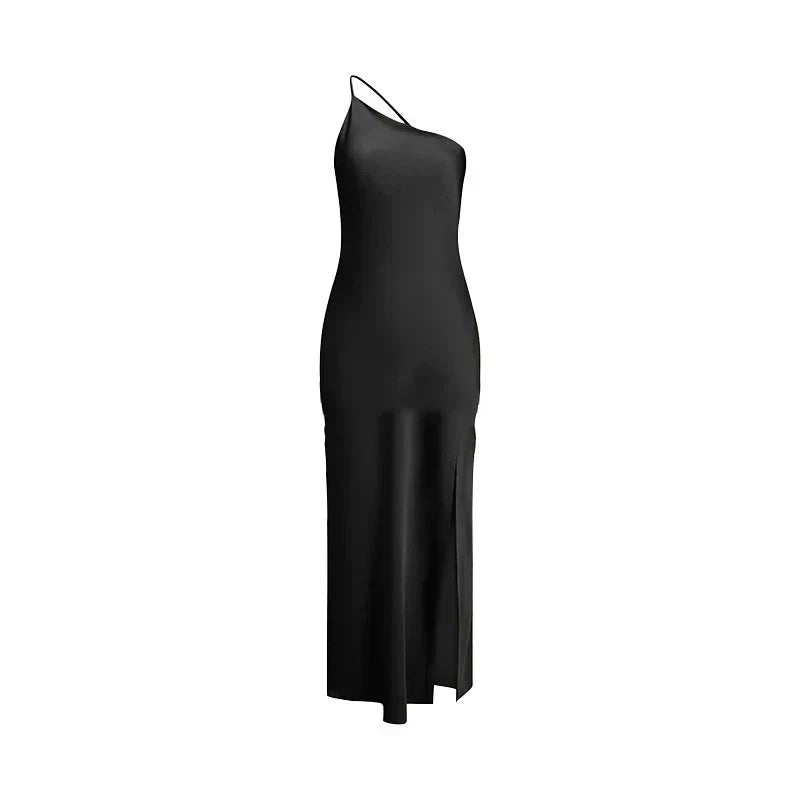 Backless Satin Slant Shoulder Solid Slit Long Dress Mssaz Desses