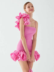Pink One Shoulder Ruffles Mini Dress Mssaz Desses