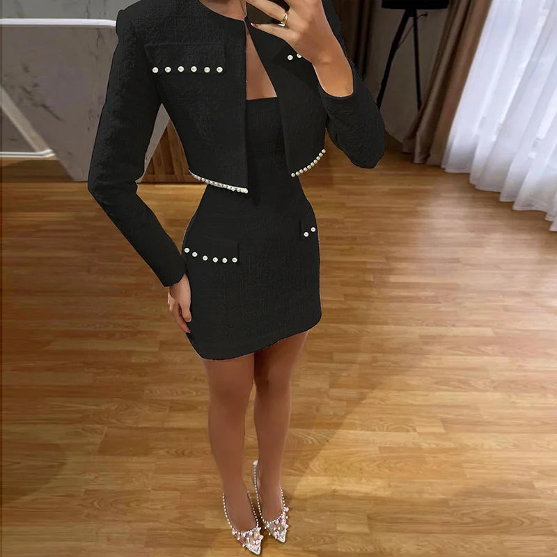 Pearl Long Sleeve Coat And Mini Strapless Dress Sets Mssaz Desses