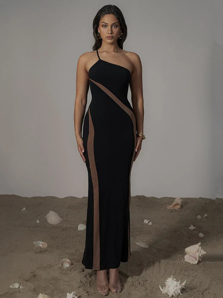 Black Mesh Patchwork One Shoulder Maxi Dress Mssaz Desses