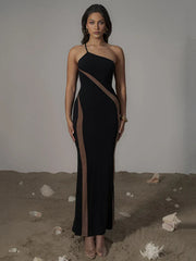 Black Mesh Patchwork One Shoulder Maxi Dress Mssaz Desses
