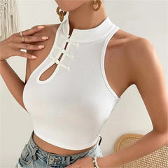 Elegant O-Neck Off Shoulder Vintage Chinese Button Tank Tops Halter Tops Mssza