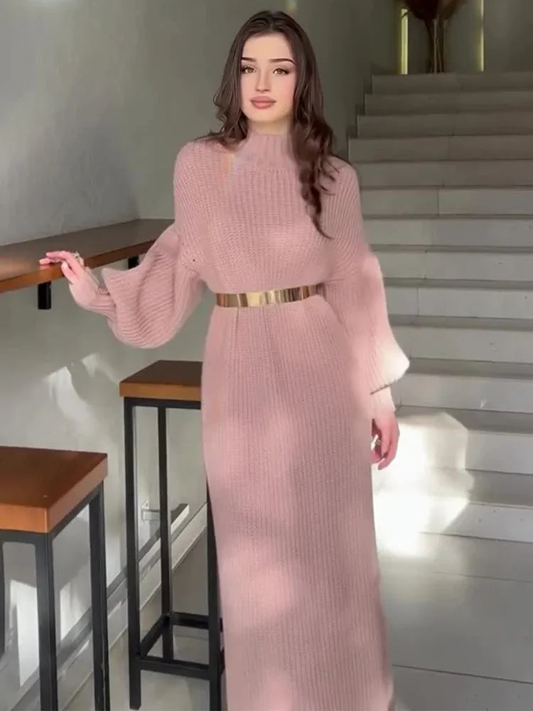 Turtleneck Pullover Solid Sweater Dress With Belt Mssaz Desses