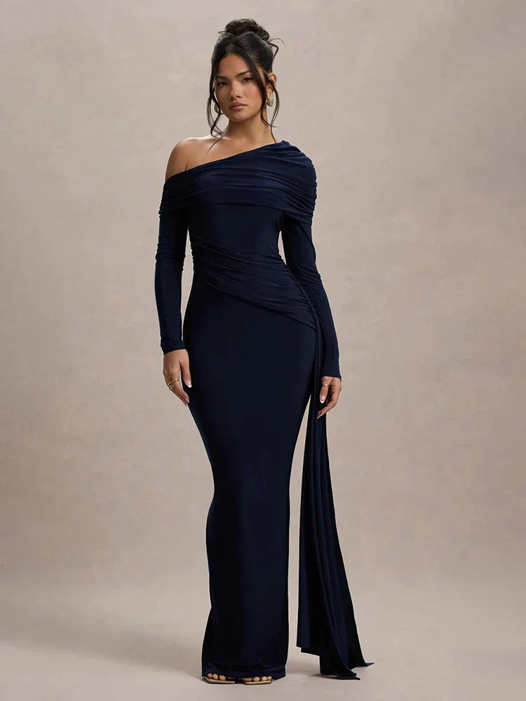 Skew Collar Long Sleeve Maxi Dress Mssaz Desses