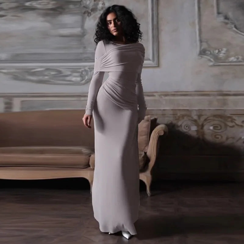 Solid Long Sleeve Irregular Splice Long Dress Mssaz Desses