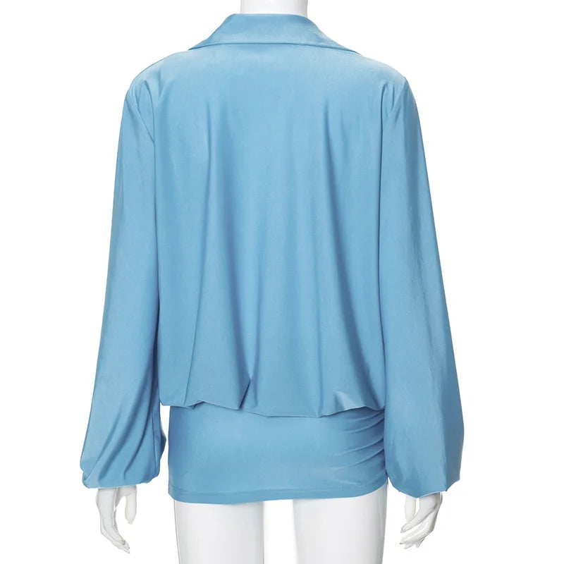 Plunge Long Sleeve Solid Color Mini Dress Mssaz Desses