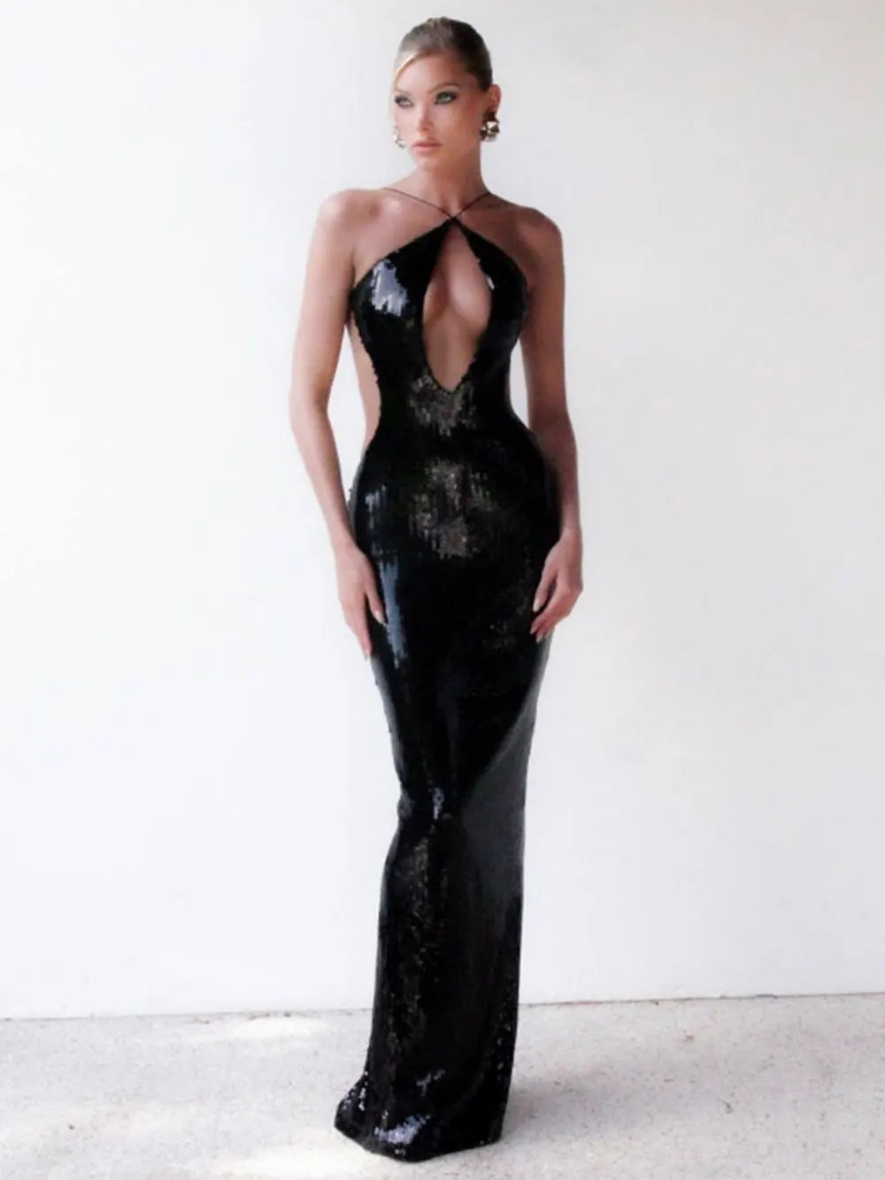 Gold Sequin Spaghetti Strap Hollow Long Dress Mssaz Desses