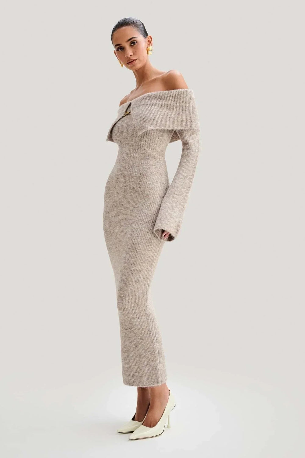 Fluffy Solid Knitted Off Shoulder Midi Dress Mssaz Desses
