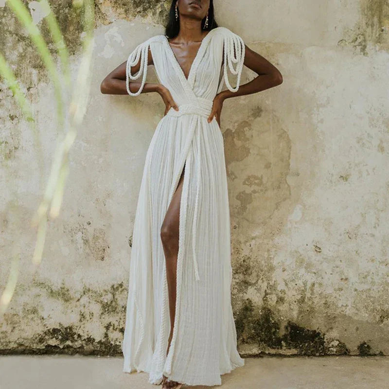 Solid Split Pleated Bandage Long Dress Mssaz Desses