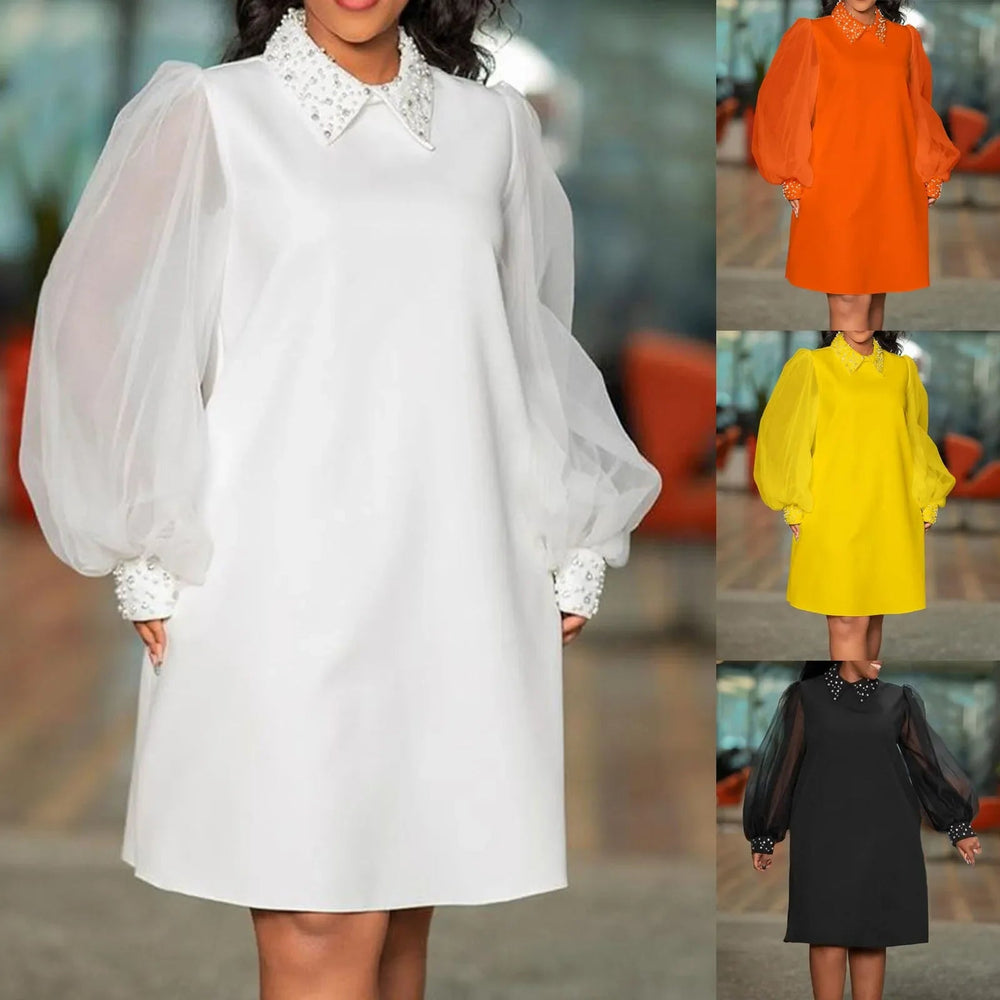 Loose Turn Down Collar Mesh Full Sleeve Straight Knee Length Elegant Business Chic Dress Mssaz Desses