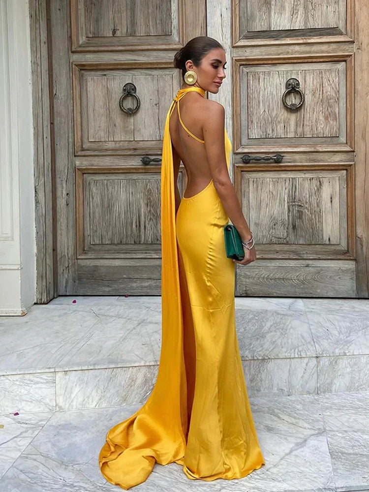 Yellow Satin Backless Lace-Up Off-Shoulder Maxi Dress Mssaz Desses