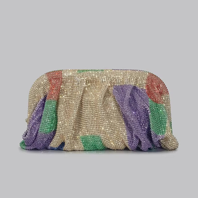 Shinny Ruched Rhinestone Designer Gradient Hearts Pattern Clucth Bag Mssza