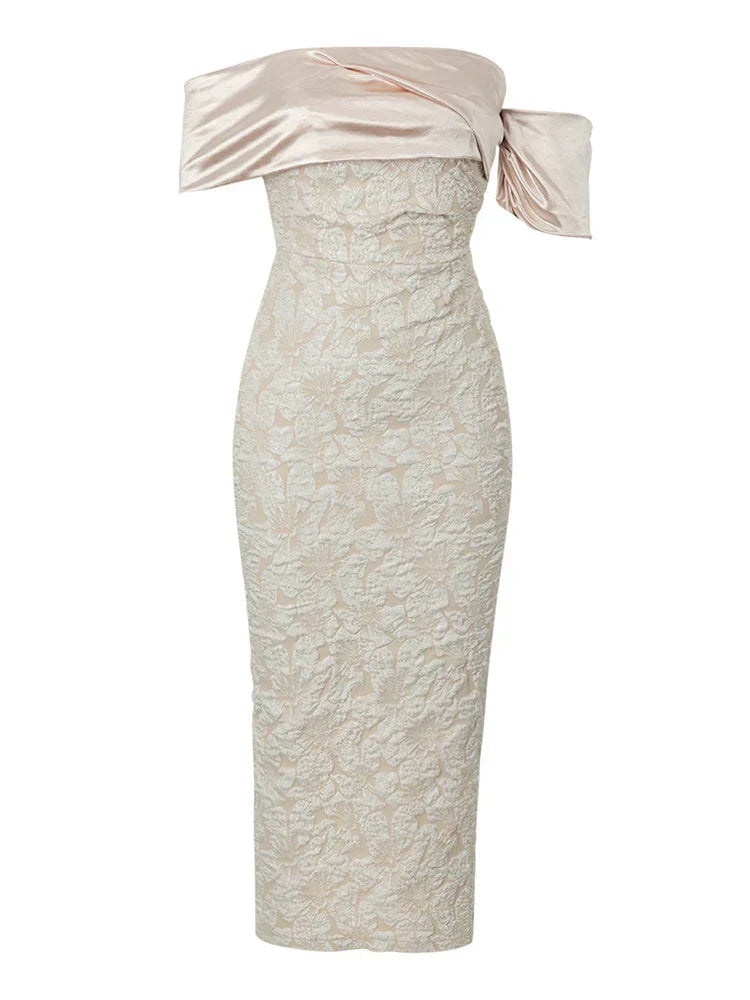 Slash Neck Embossed Flower Beige Dress Mssaz Desses