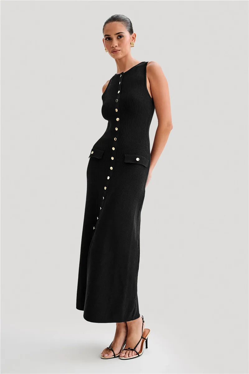 Knit Maxi Dress with Pockets Button-Front Mssaz Desses