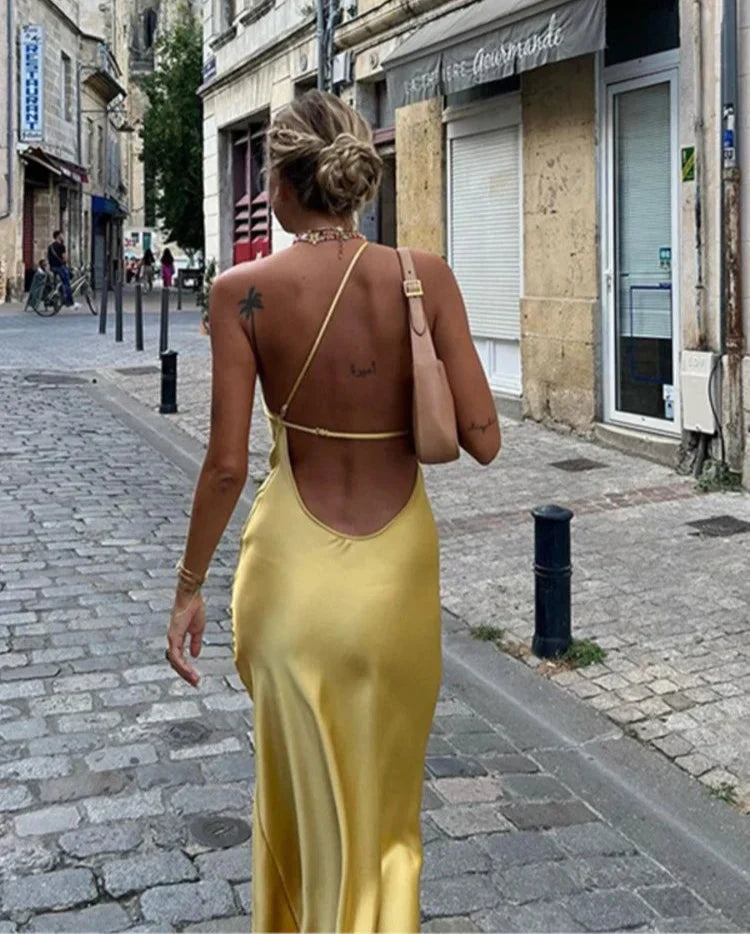 Backless Satin Slant Shoulder Solid Slit Long Dress Mssaz Desses