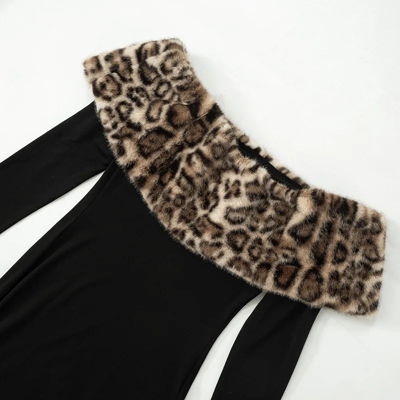 Leopard Print Fluff Splicing Maxi Dress Mssaz Desses