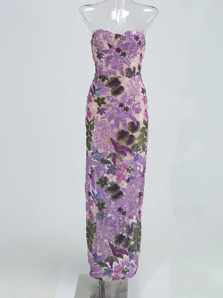Floral-Embellished Sequin Lavender Ankle Length Dress Mssaz Desses