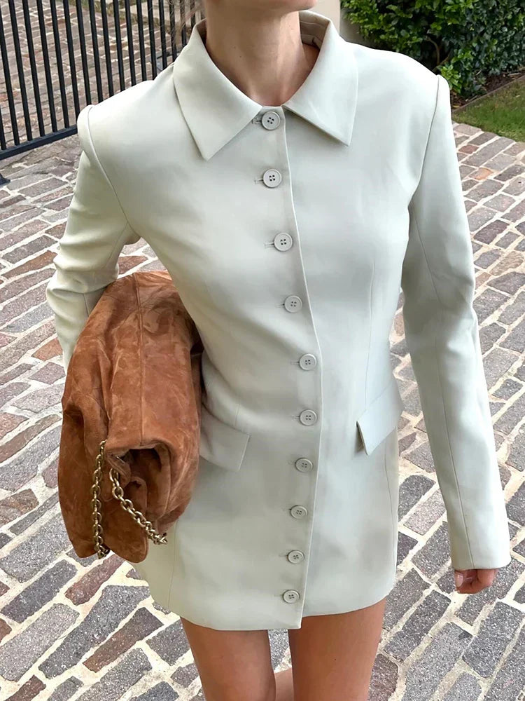 Long Sleeve Lapel Two Pocket Office Lady Blazer Dress Mssaz Desses