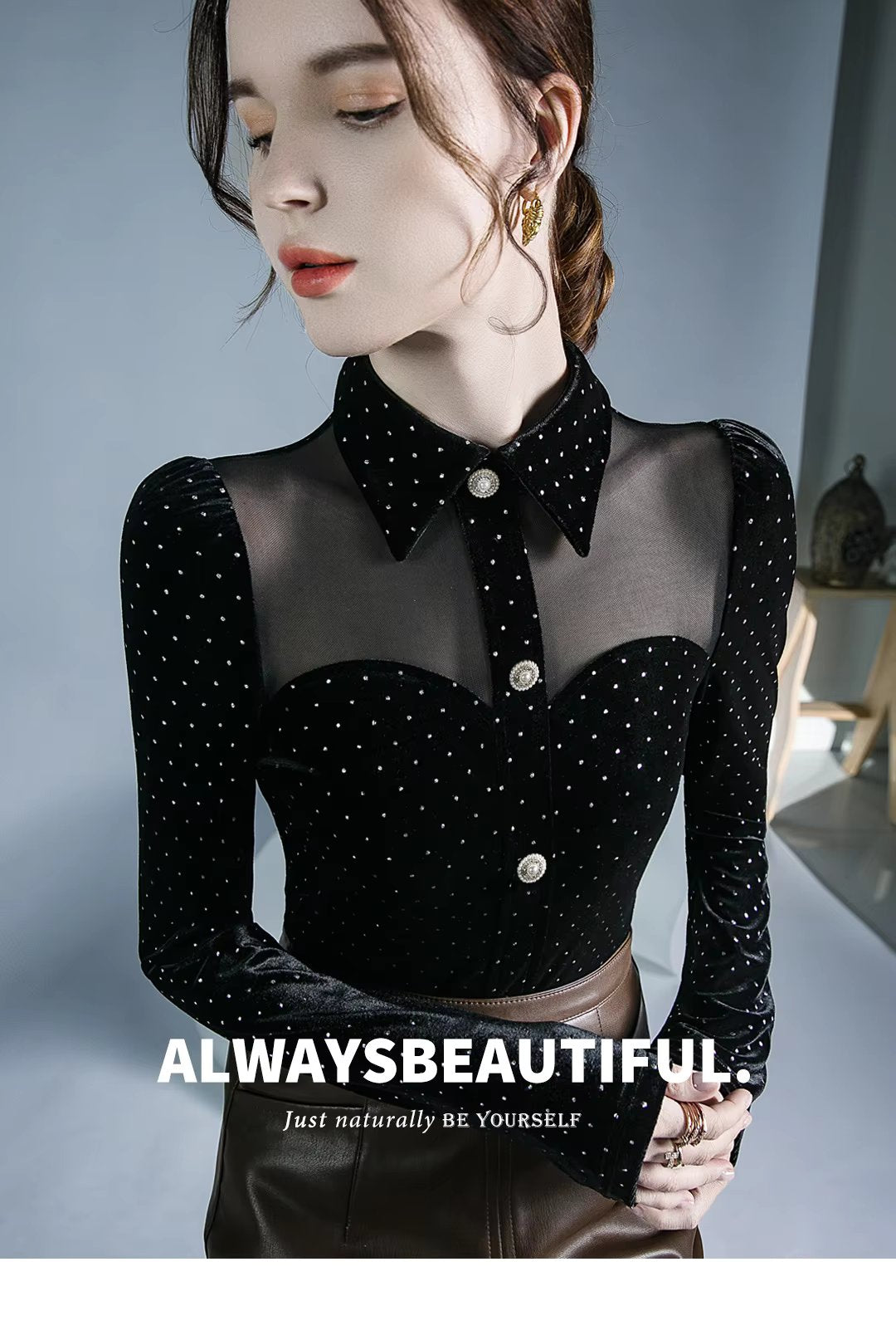 Vintage Doll Collar Polka Dot Gauze Splicing Perspective Velvet Top Mssza