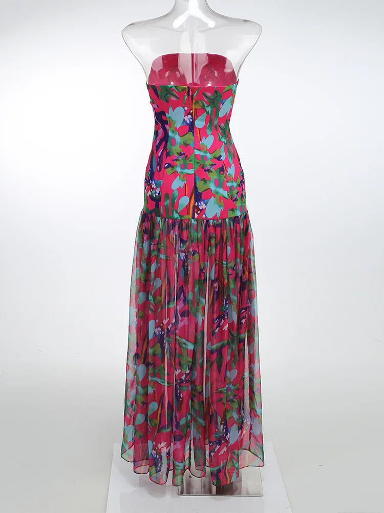Strapless Retro Print Split Long Dress Mssaz Desses