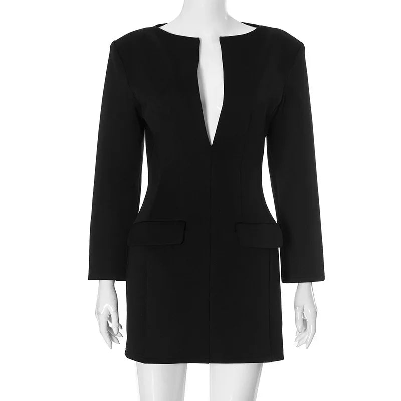 Black Solid Long Sleeve Blazer Dress Mssaz Desses