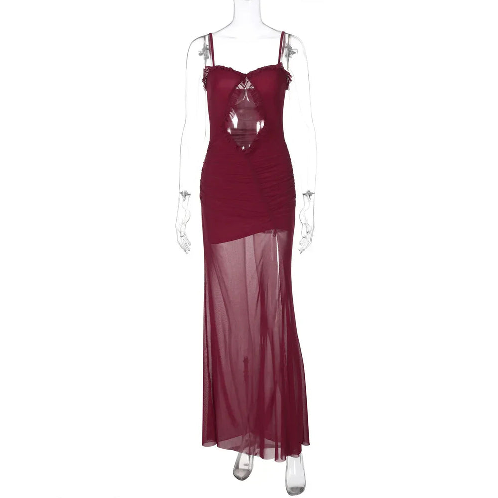 Mesh Patchwork Hollow Out Ruffled Long Dress Mssaz Desses