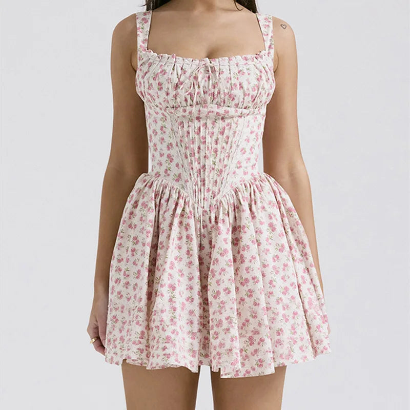 Flower Printed Open Back A-line Corset Mini Dress Mssaz Desses