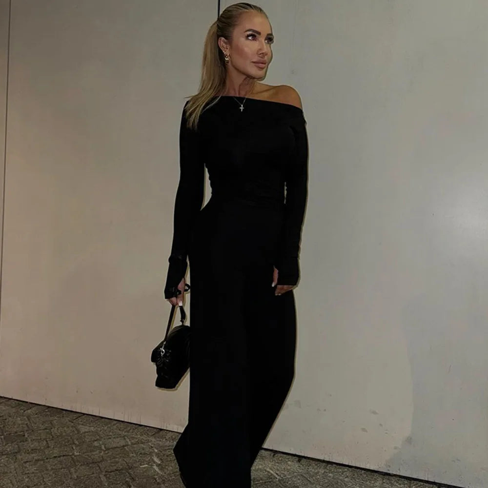 One Shoulder Flare Sleeve Top Long Pant Suit Mssaz Desses